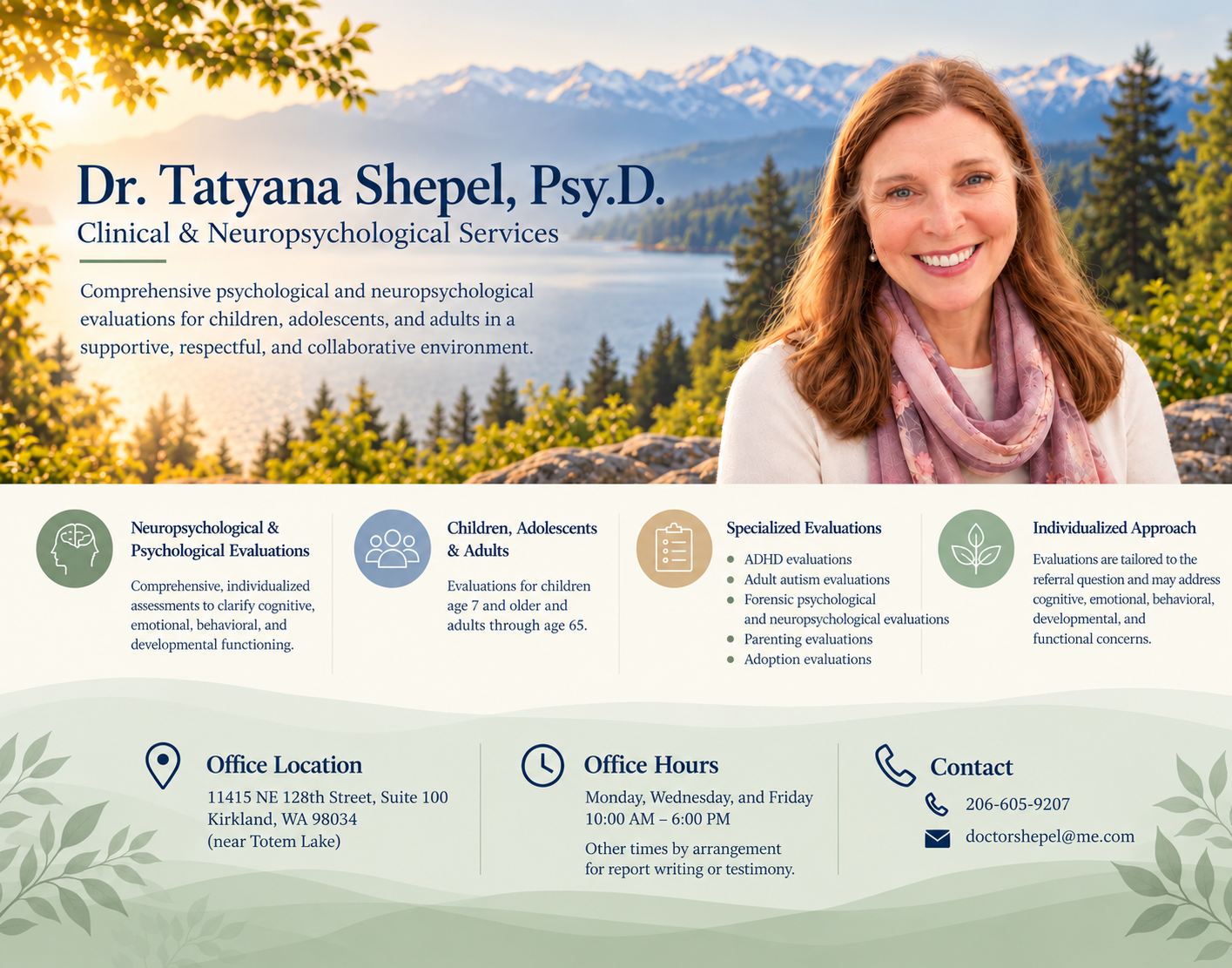 Warm scenic homepage design for Dr. Tatyana Shepel